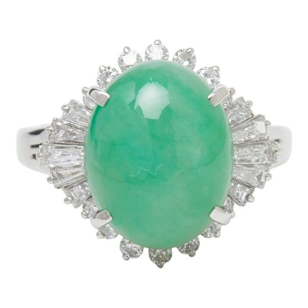 Platinum 900 Jadeite 0.60ct Diamond Flower Motif Ring